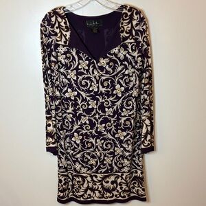 Elegant Long Sleeve Floral Dress in Purple and Cream